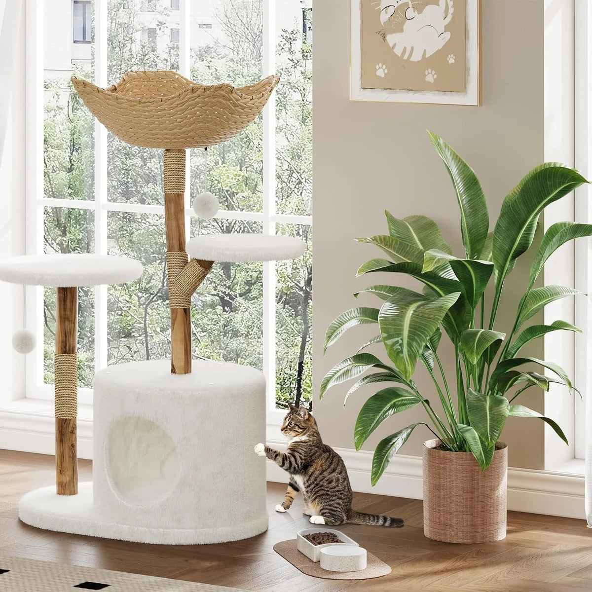 Large Rattan Cat Tree, 43-Inch Wooden Multi-Level Activity Center with Perches for Indoor Cats - Bond Well Supplies