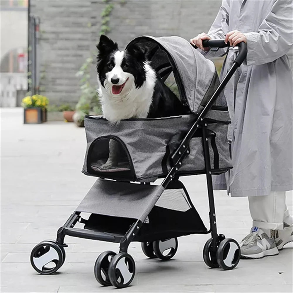 Foldable Pet Dog Stroller, 4-Wheel Travel Carrier for Dogs & Cats with Rain Cover