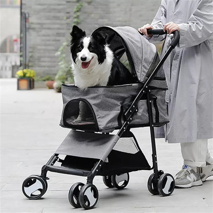 Foldable Pet Dog Stroller, 4-Wheel Travel Carrier for Dogs & Cats with Rain Cover