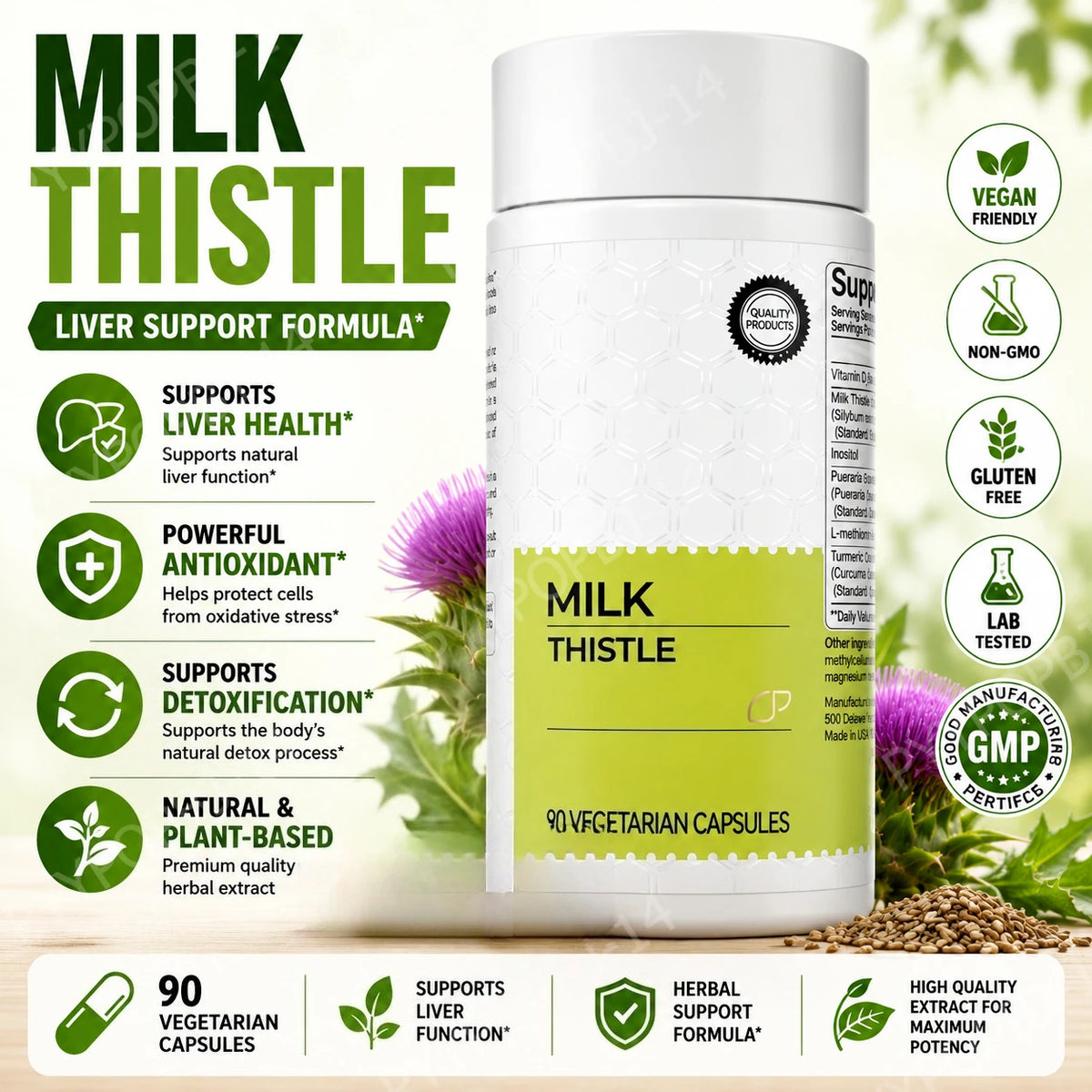Milk Thistle Herbal Supplement 300mg with Vitamin C & Inositol, 90 Capsules, Non-GMO & Gluten-Free - Bond Well Supplies
