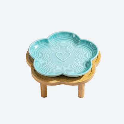 Ceramic Cat Bowl with Wooden Stand, Elevated Shallow Food Dish with Bow Knot Design for Cats and Small Pets