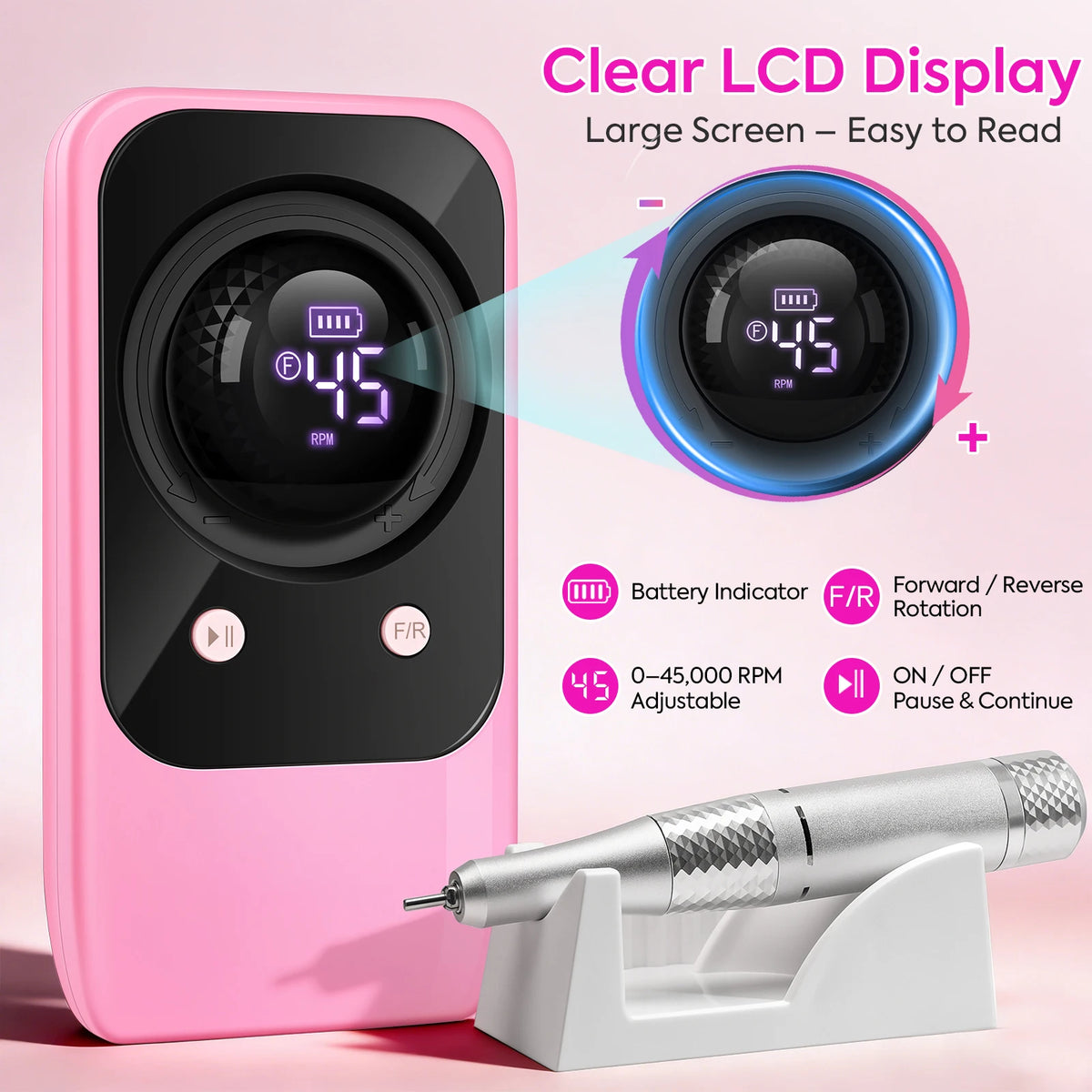 Rechargeable 45000RPM Electric Nail Drill, Portable Nail File for Acrylic Nails & Nail Art - Bond Well Supplies