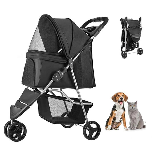 Foldable Pet Stroller, 3-Wheel Dog & Cat Carrier with 35 lb Capacity, Brake and Cup Holders