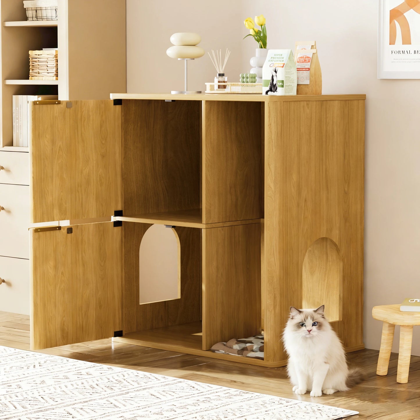 Multi-Functional Cat Litter Cabinet with Cat Tree, Hidden Litter Box Enclosure, Dual Doors & Storage Shelves for Home