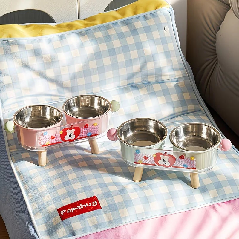 Raised Cat & Dog Feeding Bowl, Double Stainless Steel Pet Feeder for Food & Water - Bond Well Supplies