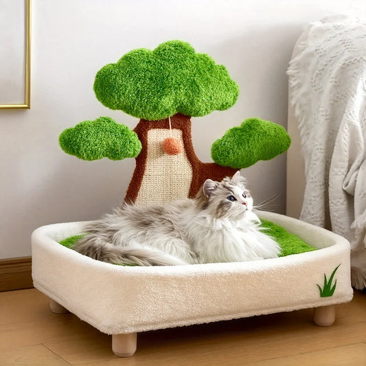 Pine Tree Cat Bed & Scratching Board Combo, Cozy All-Season Nest with Washable - Bond Well Supplies