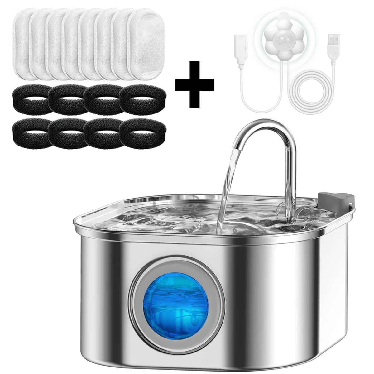 Automatic Cat Water Fountain with Sensor, 3.2L/108oz Capacity, Transparent Window & Stainless Steel - Bond Well Supplies
