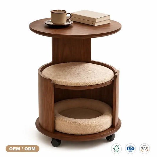 Wooden Pet Side Table Bed Combo, Removable Plush Cushion & Smooth Rolling Casters for Cats & Small Dogs - Bond Well Supplies