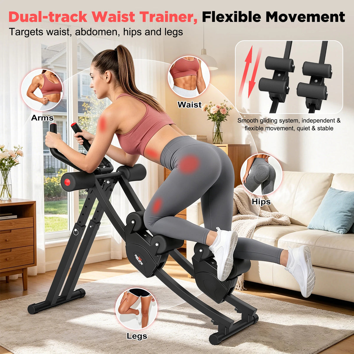 Relife Dual-Track Abdominal Trainer, Foldable Core Workout Machine with 5 Resistance Levels & LCD Display - Bond Well Supplies