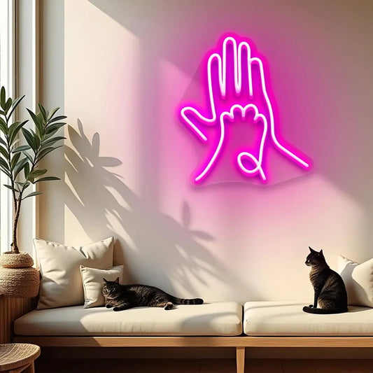 Human Hand and Paw Neon Sign, LED Hand to Paw Wall Light for Pet Lovers and Home Decor