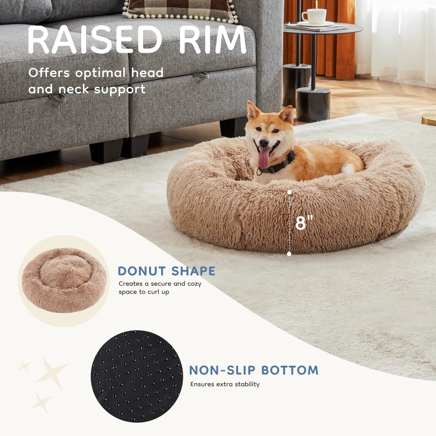 Cozy Round Plush Dog & Cat Bed, Faux Fur Cuddler with Non-Slip Base, Machine Washable Indoor Pet Bed