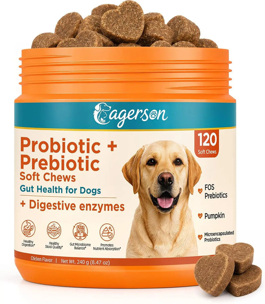 Probiotic Soft Chews for Dogs, 120 Count, Digestive & Stool Support with Bacillus Coagulans and FOS Prebiotics - Bond Well Supplies