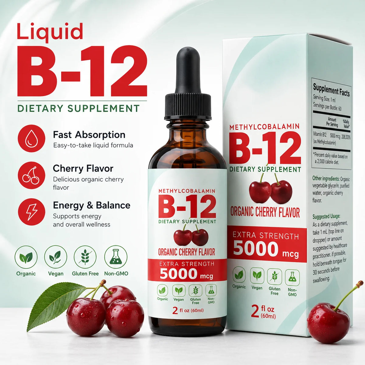 Vitamin B12 Liquid Supplement 5000mcg, Methylcobalamin Sublingual Drops, Cherry Flavor, Vegan & Sugar-Free, 60ml - Bond Well Supplies