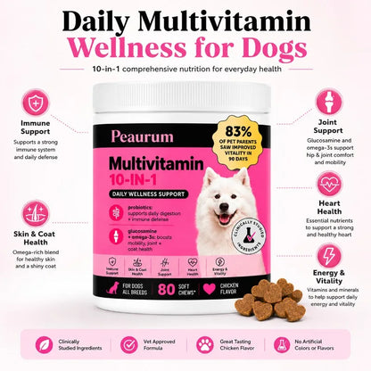 Peaurum 10-in-1 Multivitamin Chewable Tablets for Dogs, Chicken Flavor, 80 Count