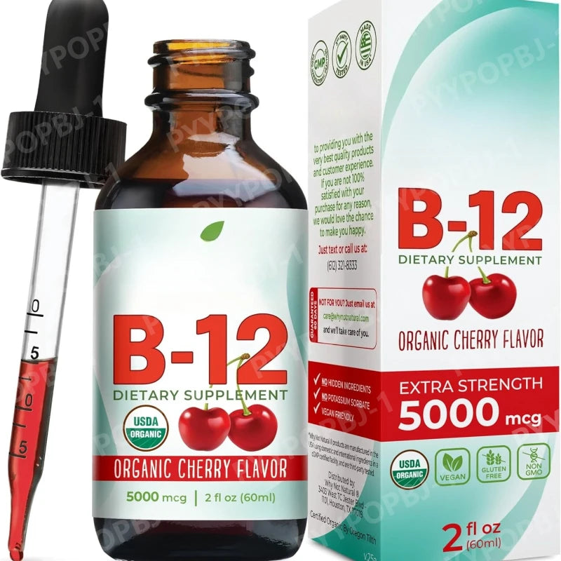 Vitamin B12 Liquid Supplement 5000mcg, Methylcobalamin Sublingual Drops, Cherry Flavor, Vegan & Sugar-Free, 60ml - Bond Well Supplies