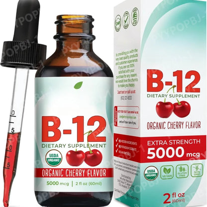 Vitamin B12 Liquid Supplement 5000mcg, Methylcobalamin Sublingual Drops, Cherry Flavor, Vegan & Sugar-Free, 60ml - Bond Well Supplies