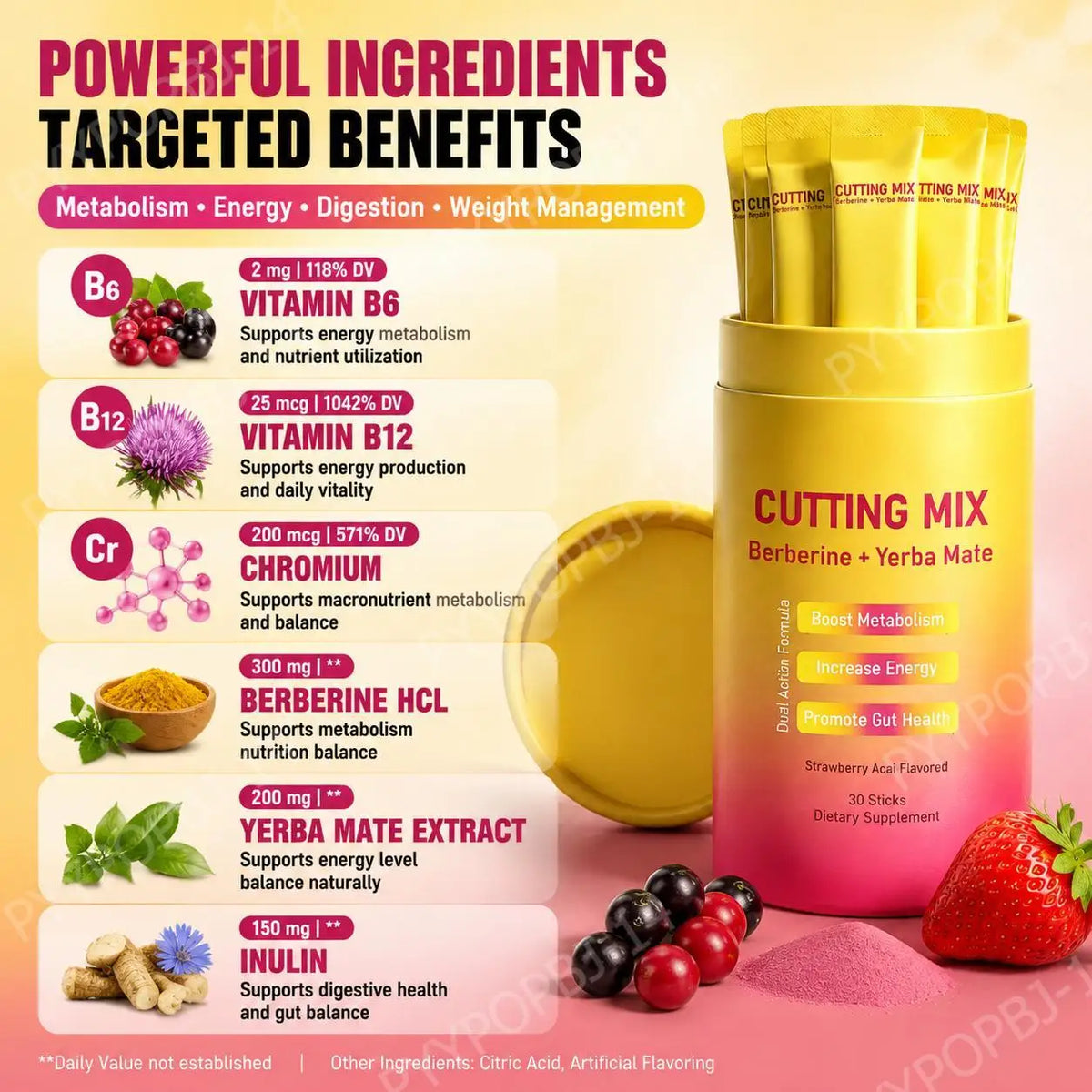 Berberine HCl Powder Drink Mix with Yerba Mate, Chromium, B6 & B12, Daily Wellness Supplement - Bond Well Supplies