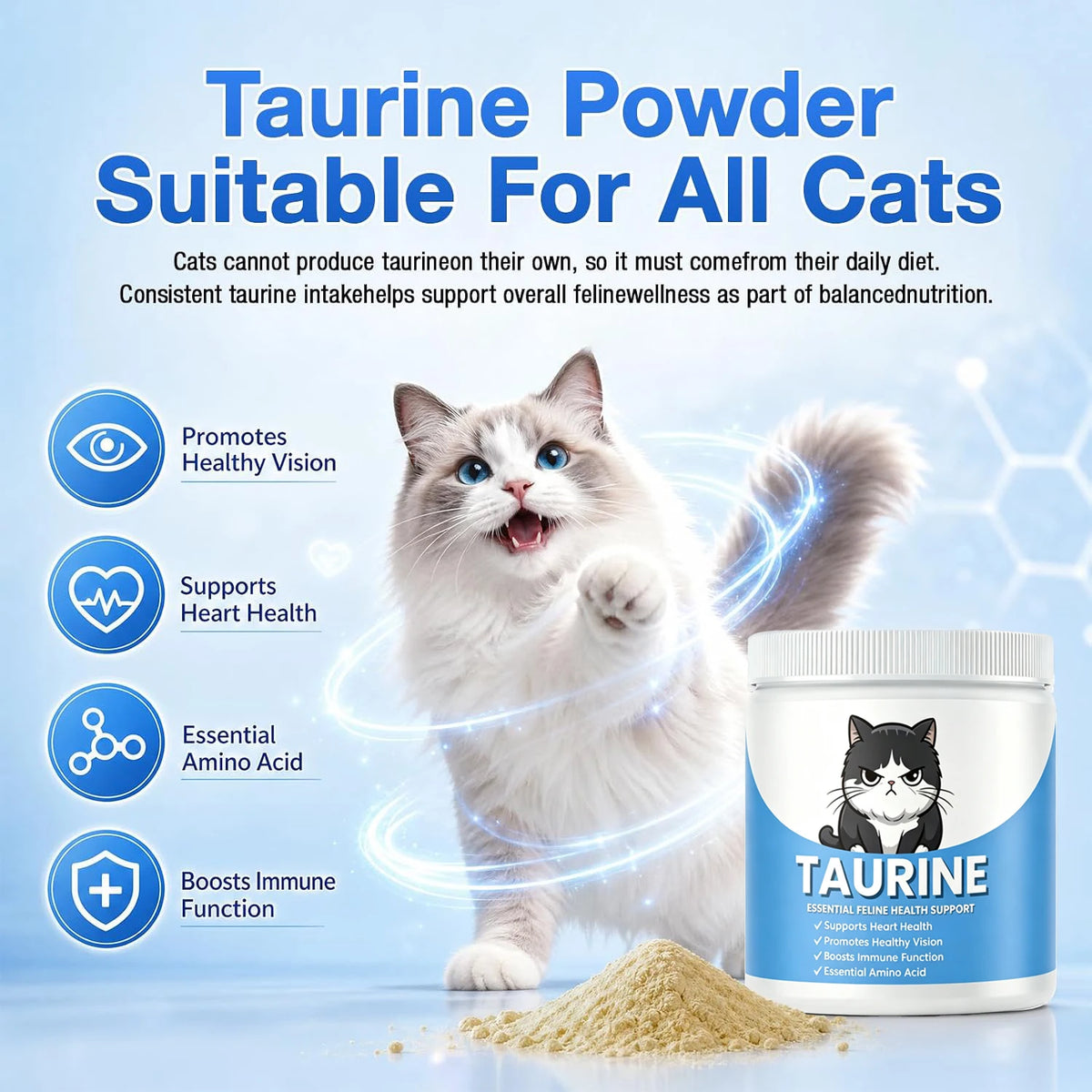 Cat Taurine Supplement Powder, Amino Acid Support for Heart & Vision Health, 100 Grams - Bond Well Supplies