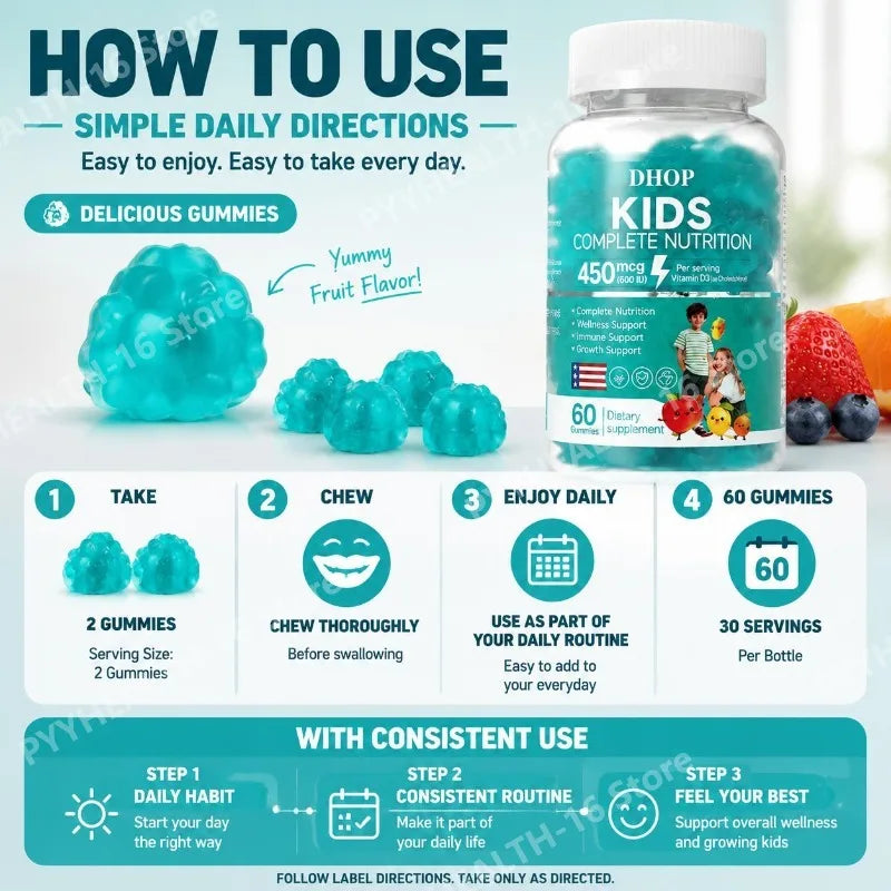 Kids Multivitamin Gummies, DHOP Vitamin D3, C, Zinc & B Vitamins, Daily Nutrition & Wellness Support - Bond Well Supplies