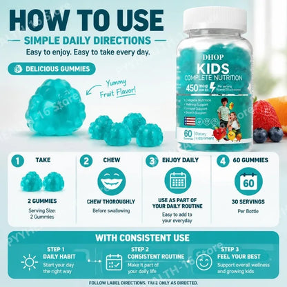 Kids Multivitamin Gummies, DHOP Vitamin D3, C, Zinc & B Vitamins, Daily Nutrition & Wellness Support - Bond Well Supplies