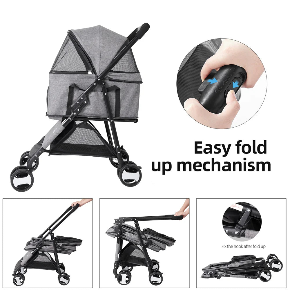Foldable Pet Dog Stroller, 4-Wheel Travel Carrier for Dogs & Cats with Rain Cover