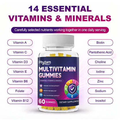 Adult Multivitamin Bear Gummies, 14-in-1 Vitamins & Minerals with Vitamin C, Zinc & B Vitamins, 60 Count - Bond Well Supplies