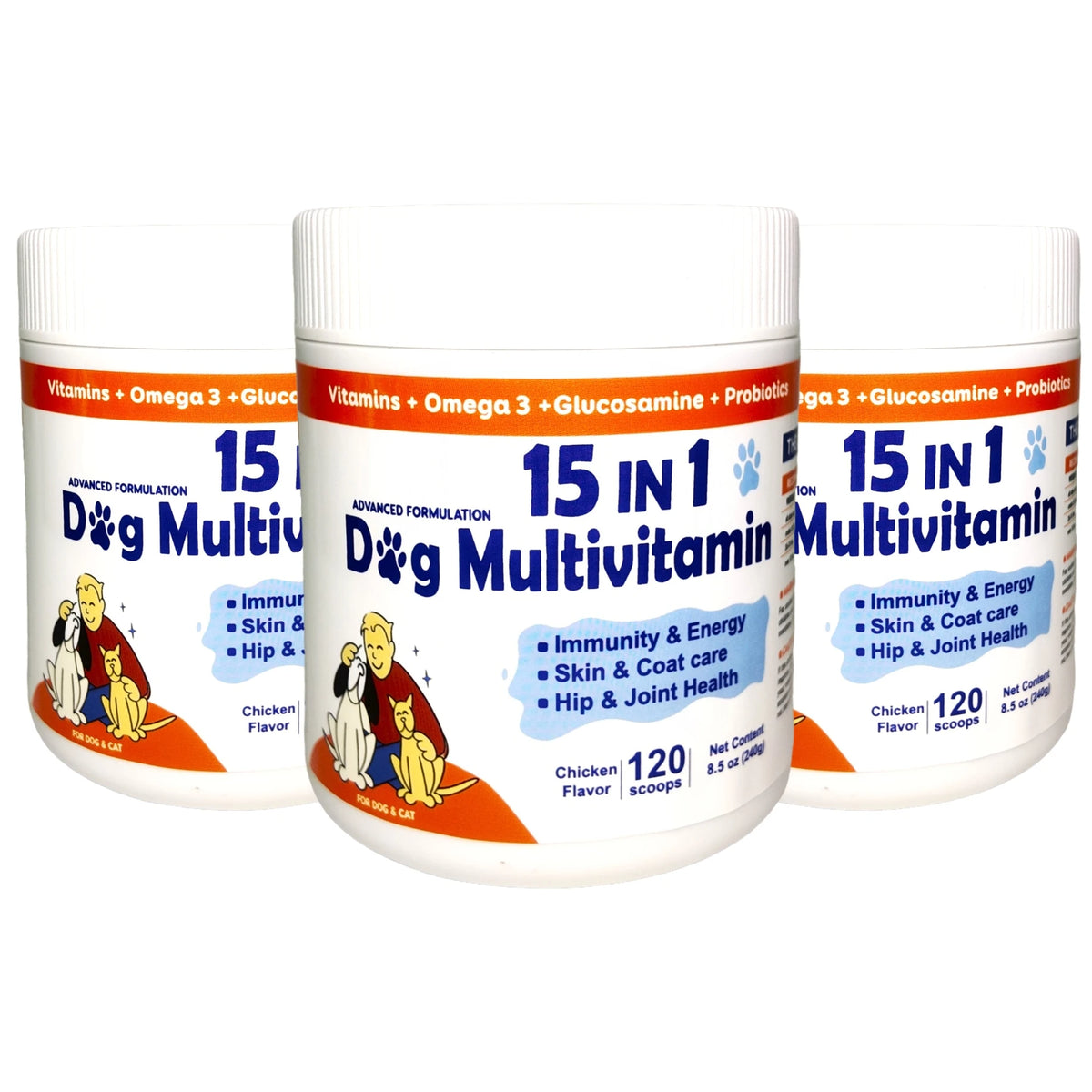 Dog Daily Health Supplement Powder, 15-in-1 Chicken Flavor Formula, 120 Scoops for Overall Wellness - Bond Well Supplies