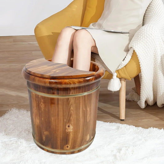Wooden Foot Bath Bucket with Lid, Foot Soaking Tub & Pedicure Basin for Home Spa, Brown