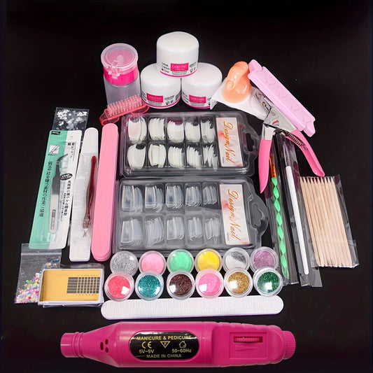 Acrylic Nail Extension Kit for Beginners, 23-Piece Set with 12 Pink, White & Glitter Colors, Nail Paint Brush & Tools - Bond Well Supplies