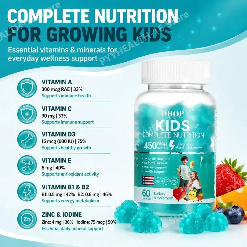 Kids Multivitamin Gummies, DHOP Vitamin D3, C, Zinc & B Vitamins, Daily Nutrition & Wellness Support - Bond Well Supplies