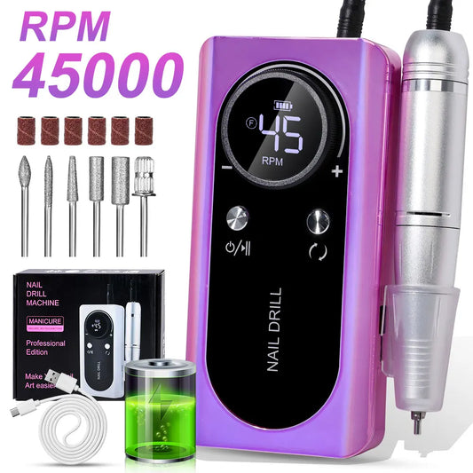 Professional 45000RPM Nail Drill, Rechargeable Electric Nail Sander with LCD Display, Low Noise & Nail Accessories Set - Bond Well Supplies
