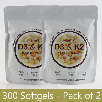 Extra Strength Vitamin D3 K2 Softgels, 10,000 IU D3 & 200mcg MK-7, Virgin Coconut Oil - Bond Well Supplies