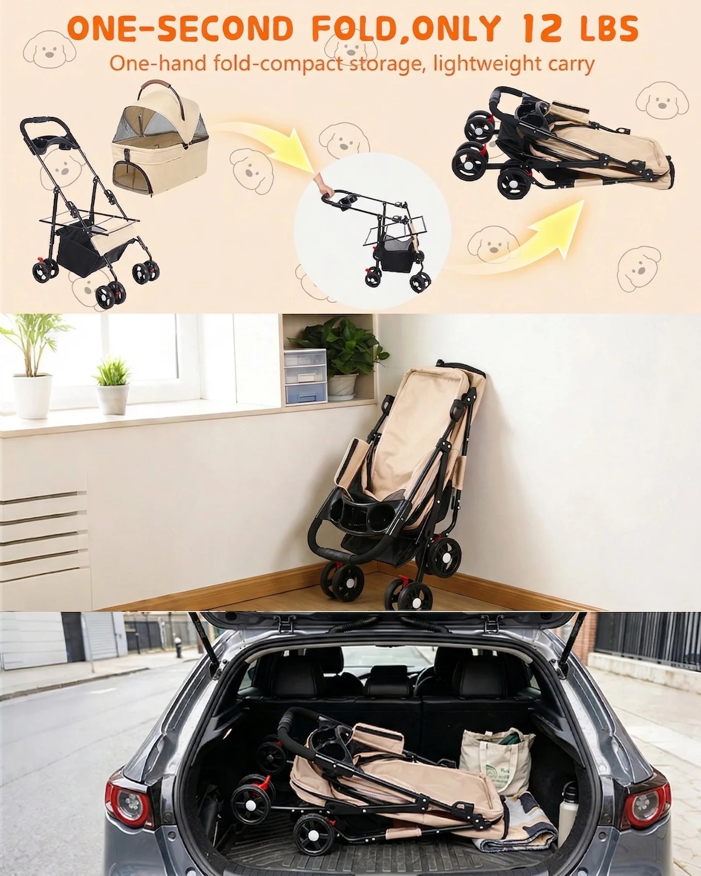 2-in-1 Pet Stroller for Small Dogs and Cats, Foldable with Removable Carrier