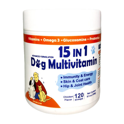 Dog Daily Health Supplement Powder, 15-in-1 Chicken Flavor Formula, 120 Scoops for Overall Wellness - Bond Well Supplies