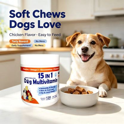 Dog Daily Health Supplement Powder, 15-in-1 Chicken Flavor Formula, 120 Scoops for Overall Wellness - Bond Well Supplies