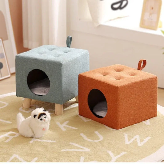 Multifunctional Solid Wood Cat Nest Stool, Portable Semi-Enclosed Pet Bed with Soft Comfortable Cushion - Bond Well Supplies