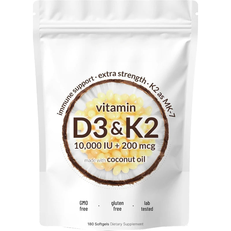 Vitamin D3 K2 Softgels with MK-7 & Coconut Oil, 10,000 IU + 200mcg, Bone & Immune Wellness Support - Bond Well Supplies