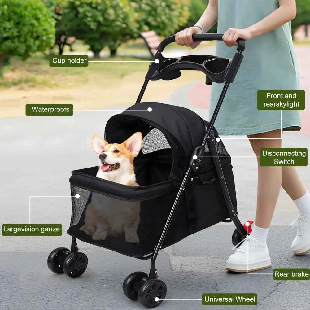 Foldable Dog & Cat Stroller, 4-Wheel Pet Carrier with Visible Window, Breathable Mesh and Cup Holder