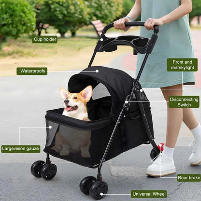 Foldable Dog & Cat Stroller, 4-Wheel Pet Carrier with Visible Window, Breathable Mesh and Cup Holder