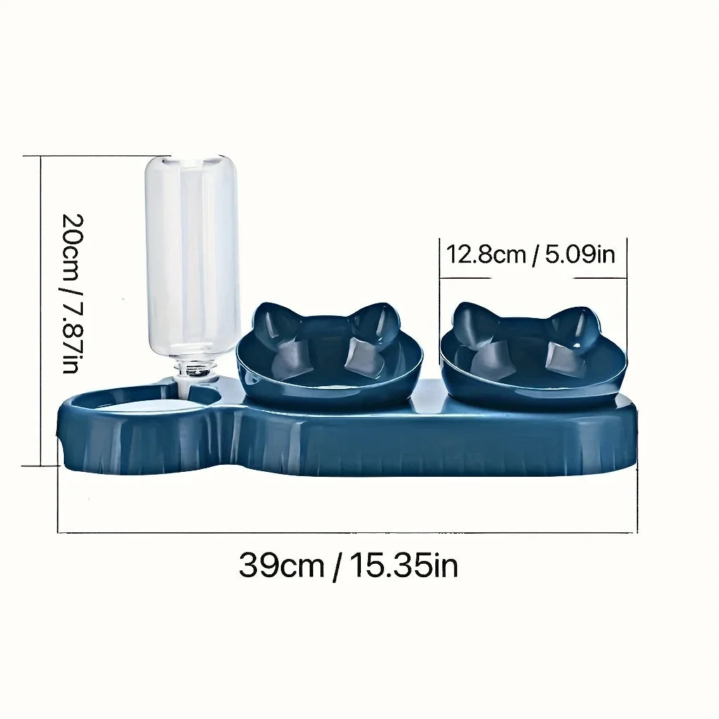 3-in-1 Pet Feeding Bowl with Gravity Water Bottle, Tilted Cat Food & Water Dish with Neck-Friendly Design - Bond Well Supplies