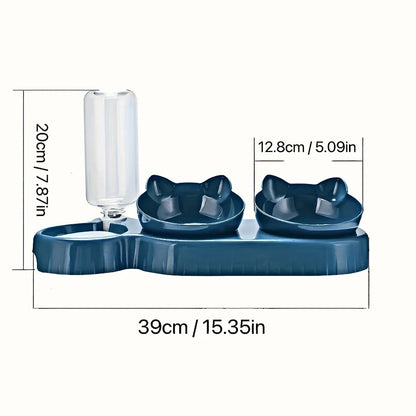 3-in-1 Pet Feeding Bowl with Gravity Water Bottle, Tilted Cat Food & Water Dish with Neck-Friendly Design - Bond Well Supplies