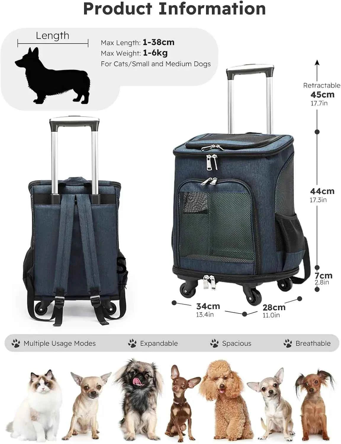 Airline-Approved Pet Carrier Backpack, 3-in-1 Rolling Design with Removable Pad for Cats & Small Dogs