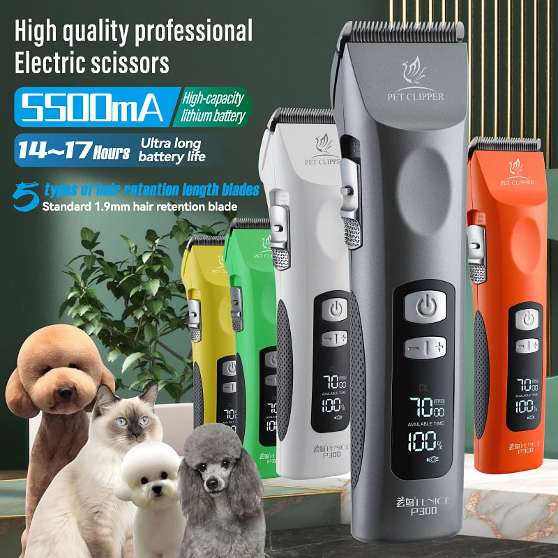 Fenice Professional Cordless Pet Hair Clipper, Rechargeable Low-Noise Grooming Trimmer & Shaver Kit