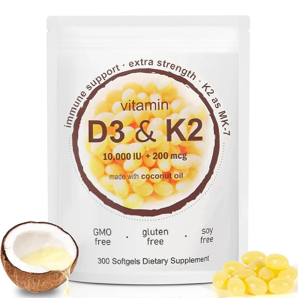 Extra Strength Vitamin D3 K2 Softgels, 10,000 IU D3 & 200mcg MK-7, Virgin Coconut Oil - Bond Well Supplies