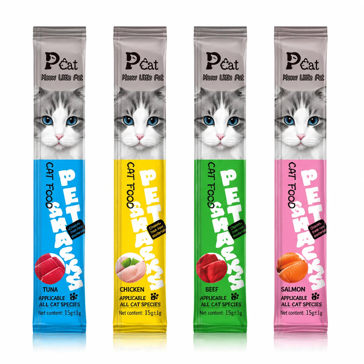 Cat Treat Snack Sticks, Soft Chews, 15g Pack, Assorted Tuna, Chicken, Beef & Salmon Flavors - Bond Well Supplies