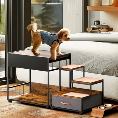 Multi-Level Dog Bunk Bed with Steps & Storage Drawer, Elevated Pet Lounge for Small & Medium Dogs & Cats - Bond Well Supplies