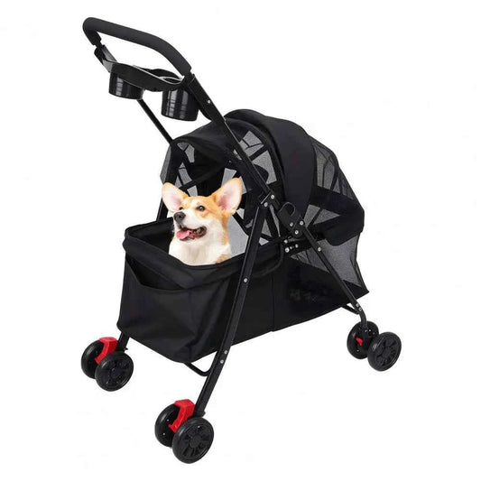 Foldable Dog & Cat Stroller, 4-Wheel Pet Carrier with Visible Window, Breathable Mesh and Cup Holder