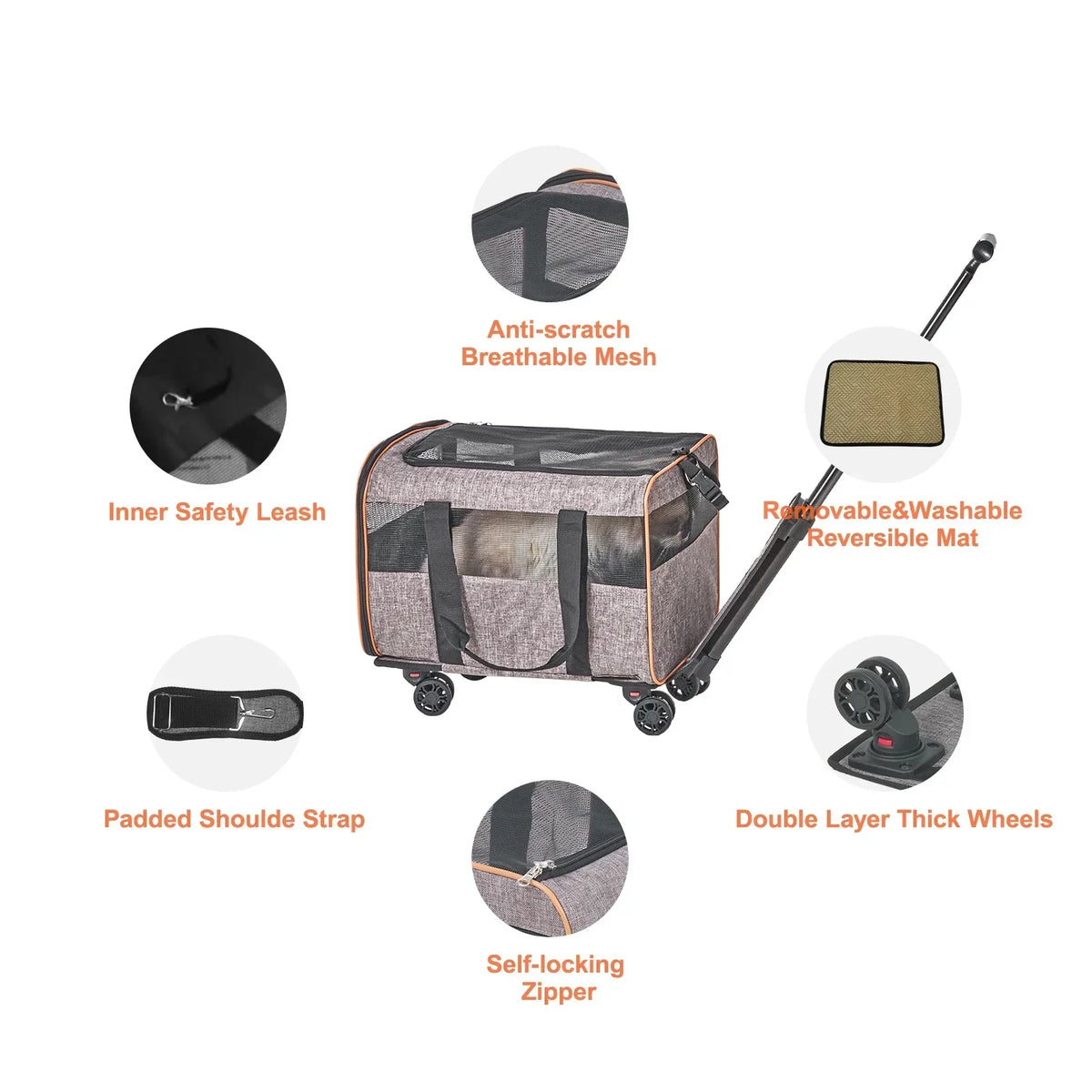 Airline-Approved Rolling Cat Carrier with Wheels, Telescopic Handle and Shoulder Strap