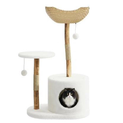 Large Rattan Cat Tree, 43-Inch Wooden Multi-Level Activity Center with Perches for Indoor Cats - Bond Well Supplies
