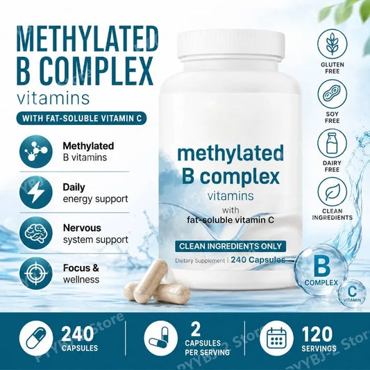 B Complex Capsules with Methylfolate & B12, Thiamine and Vitamin C, Energy & Nervous System Support, 240 Count - Bond Well Supplies
